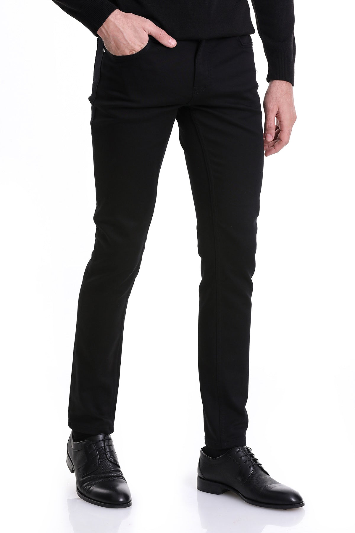 Slim Fit 5 Pocket Low Waist Black Cotton Blend Casual Pants