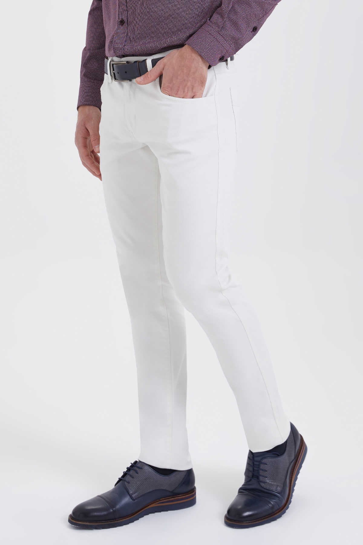 Slim Fit 5 Pocket Low Waist Chalk White Cotton Casual Pants