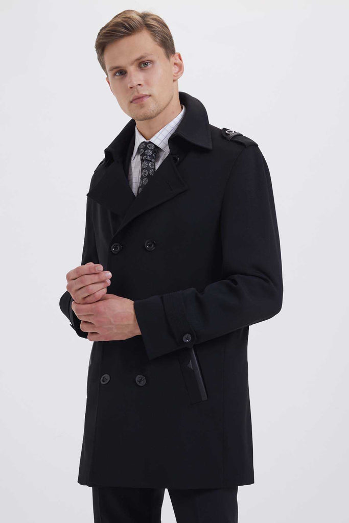 Slim Fit 7010?Double Breasted Wool Black Long Coat Black