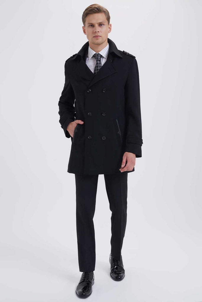 Slim Fit 7010?Double Breasted Wool Black Long Coat Black