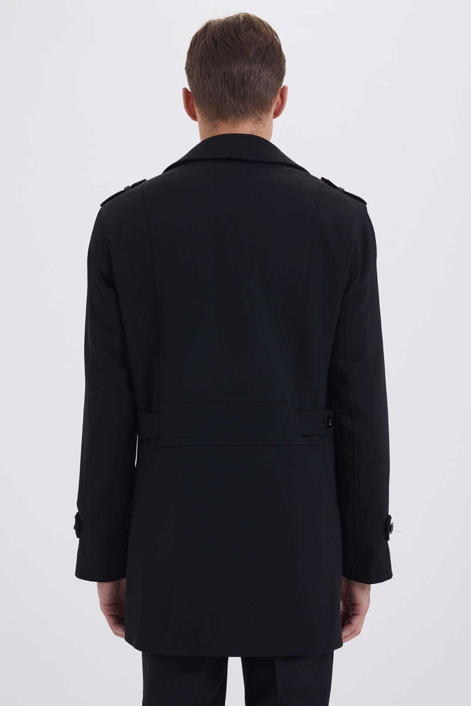 Slim Fit 7010?Double Breasted Wool Black Long Coat Black