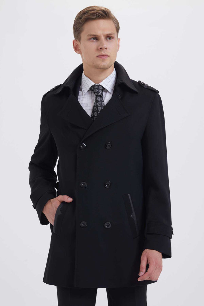 Slim Fit 7010?Double Breasted Wool Black Long Coat Black