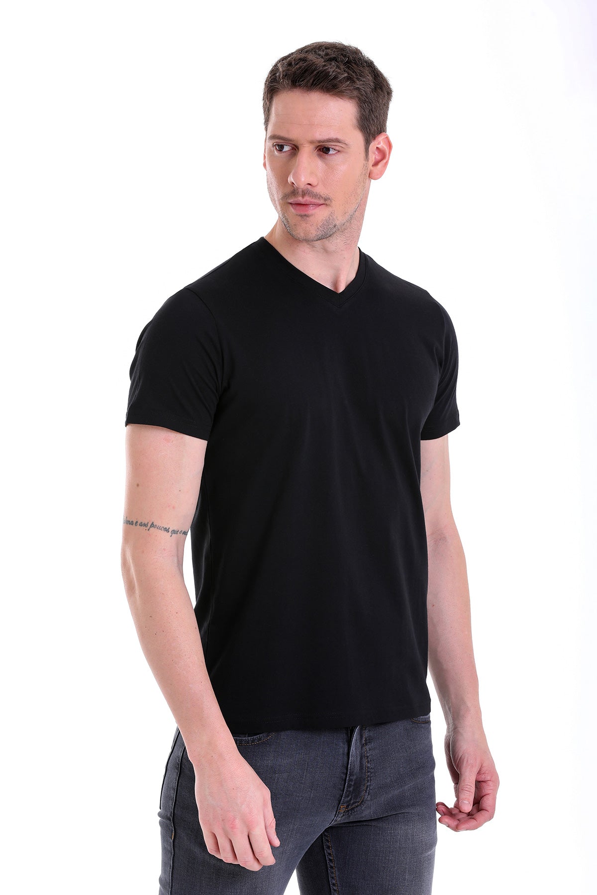 Slim Fit Basic Cotton Black V-Neck T-Shirt - MIB