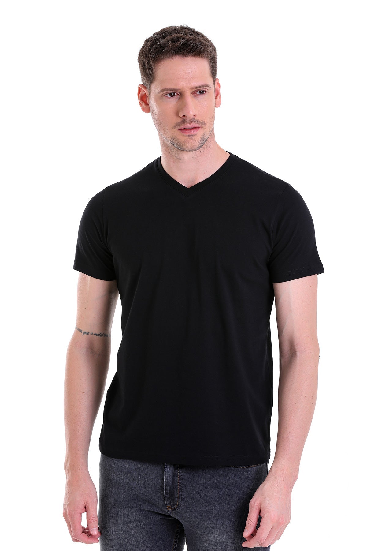 Slim Fit Basic Cotton Black V-Neck T-Shirt - MIB