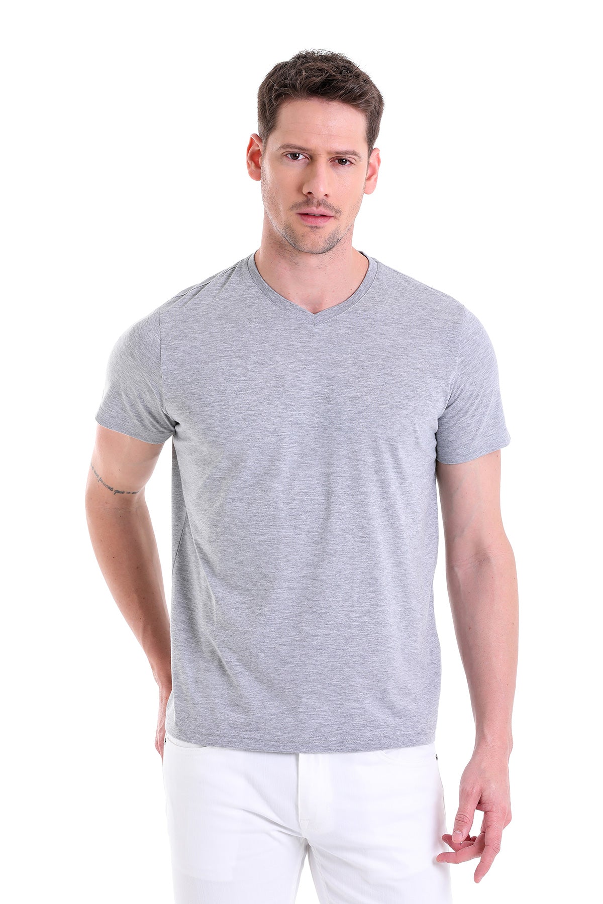 Slim Fit Basic Cotton Gray Melange V-Neck T-Shirt - MIB