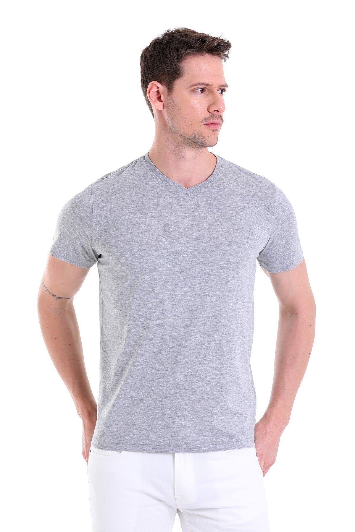 Slim Fit Basic Cotton Gray Melange V-Neck T-Shirt - MIB