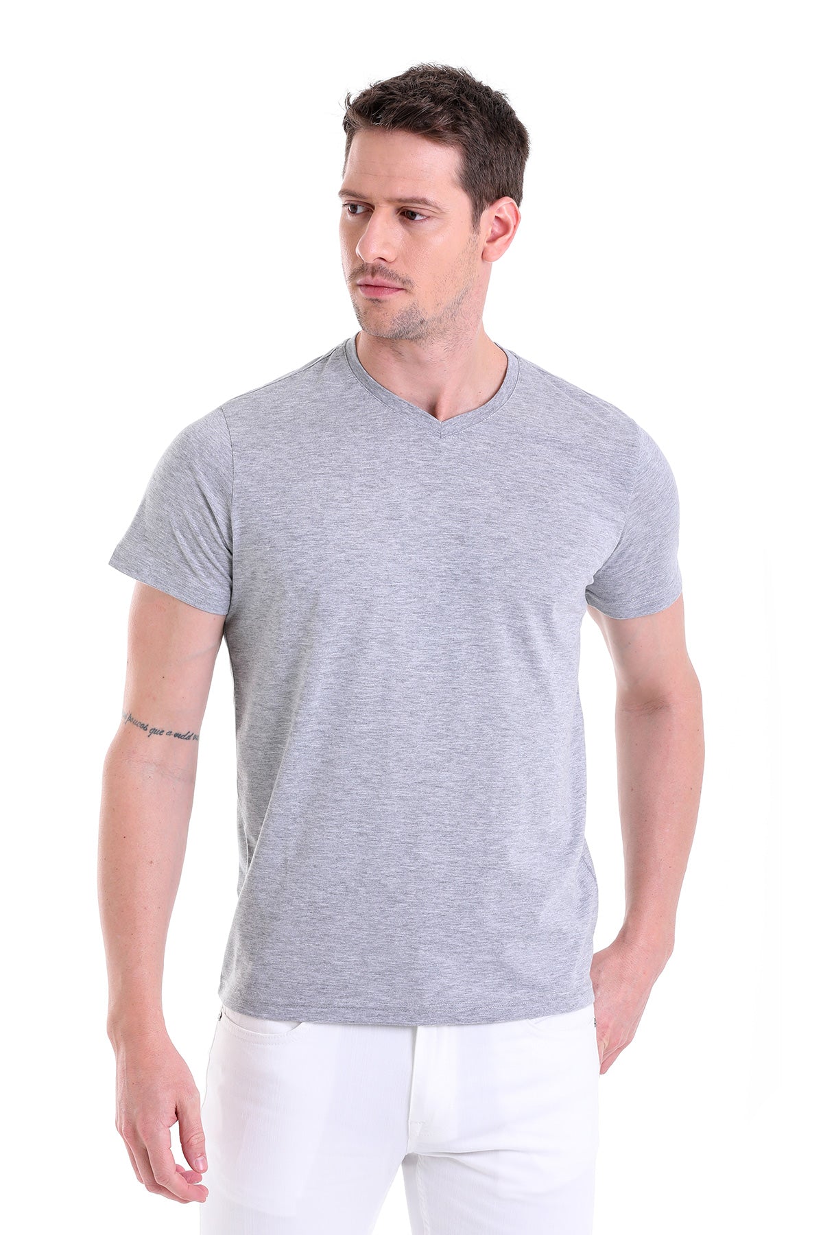 Slim Fit Basic Cotton Gray Melange V-Neck T-Shirt - MIB