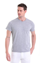 Slim Fit Basic Cotton Gray Melange V-Neck T-Shirt - MIB