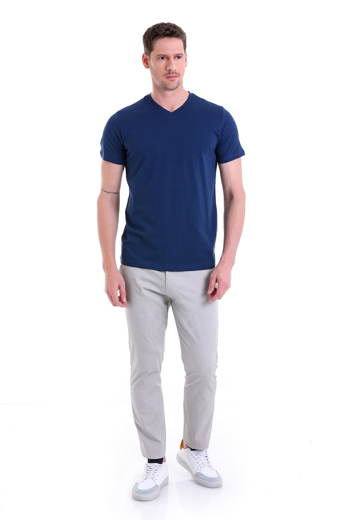 Slim Fit Basic Cotton Indigo V-Neck T-Shirt - MIB