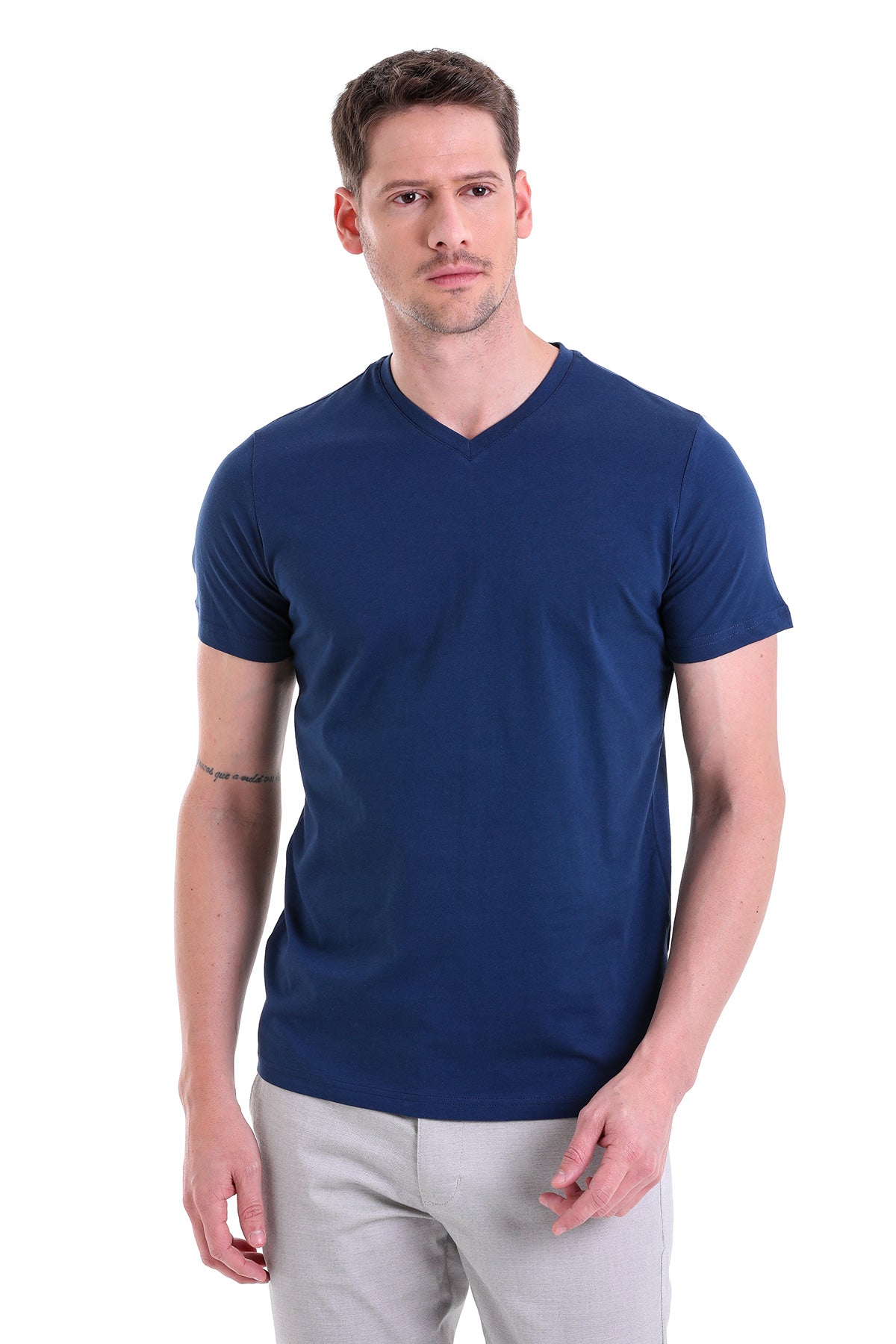 Slim Fit Basic Cotton Indigo V-Neck T-Shirt - MIB