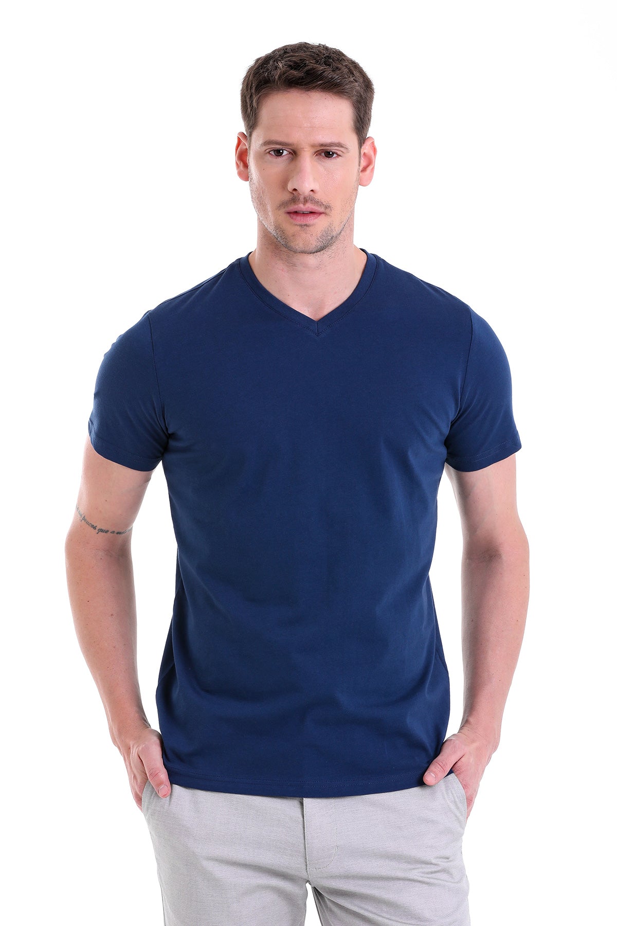 Slim Fit Basic Cotton Indigo V-Neck T-Shirt - MIB