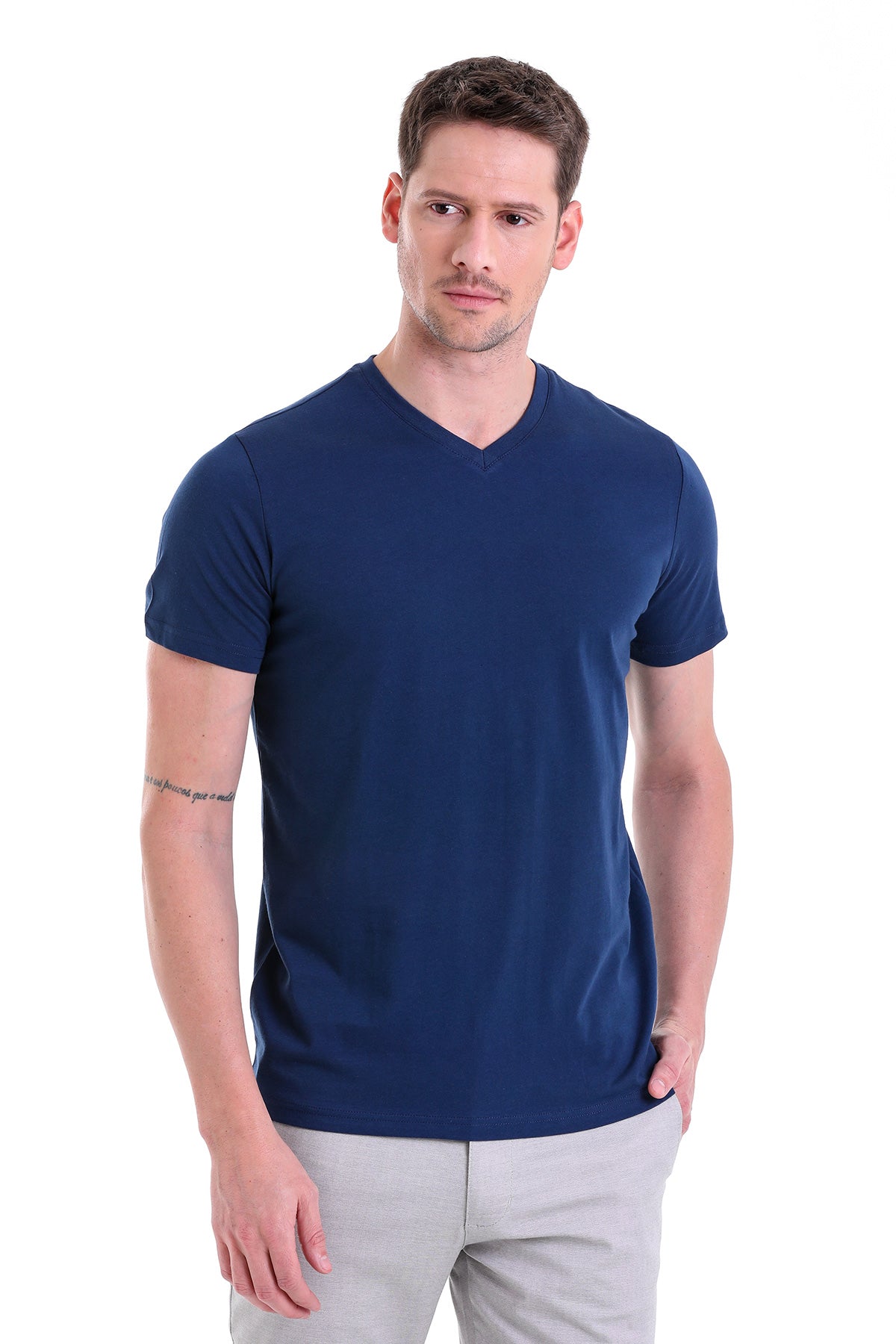 Slim Fit Basic Cotton Indigo V-Neck T-Shirt - MIB