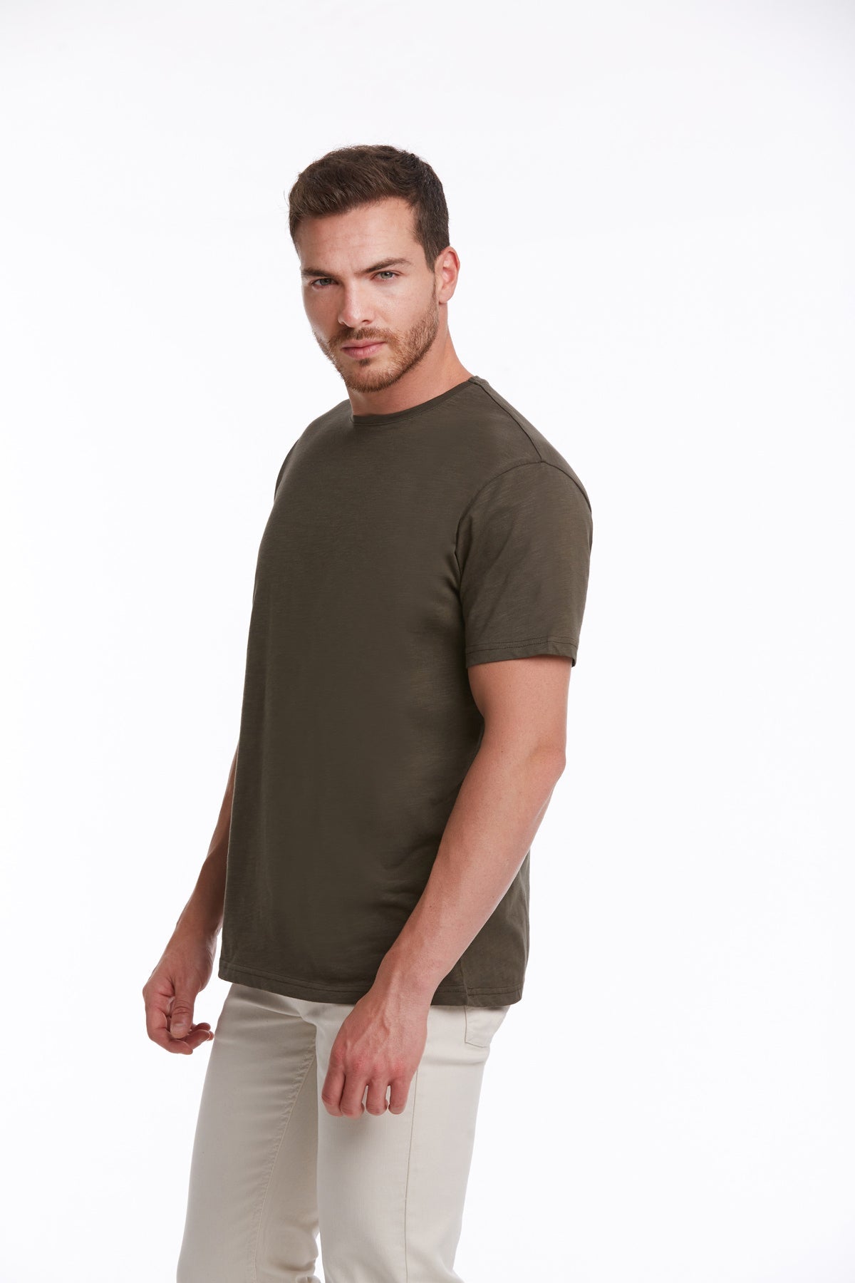 Slim Fit Basic Cotton Khaki Crew Neck T-Shirt - MIB