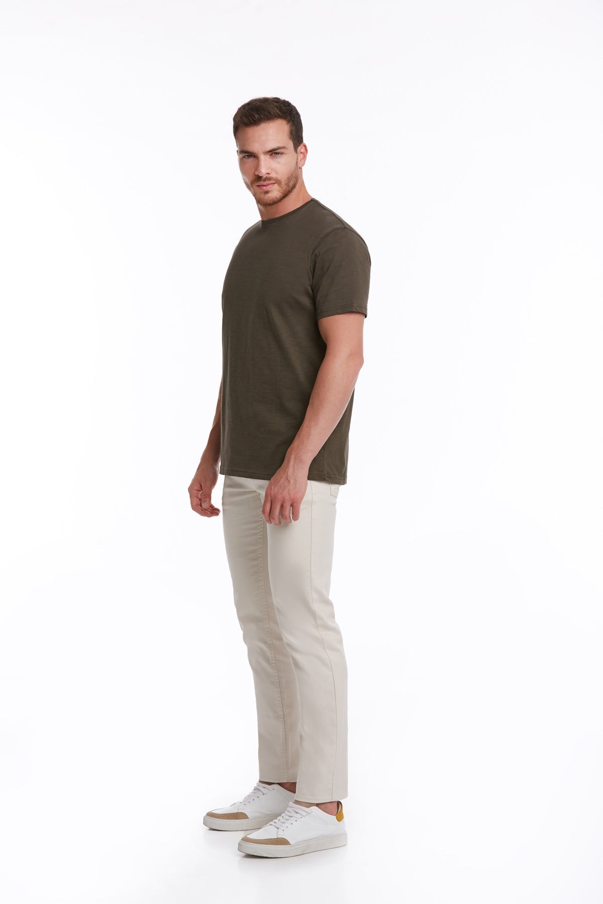 Slim Fit Basic Cotton Khaki Crew Neck T-Shirt - MIB