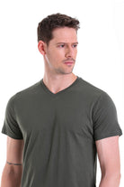 Slim Fit Basic Cotton Khaki V-Neck T-Shirt - MIB