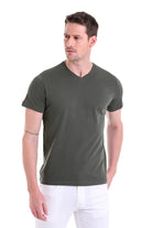 Slim Fit Basic Cotton Khaki V-Neck T-Shirt - MIB