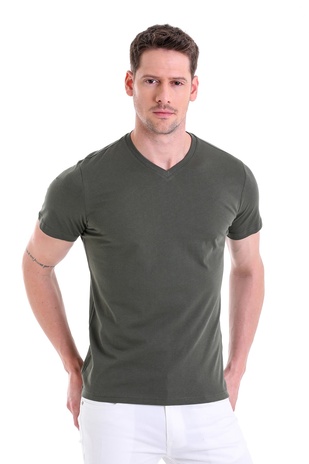 Slim Fit Basic Cotton Khaki V-Neck T-Shirt - MIB