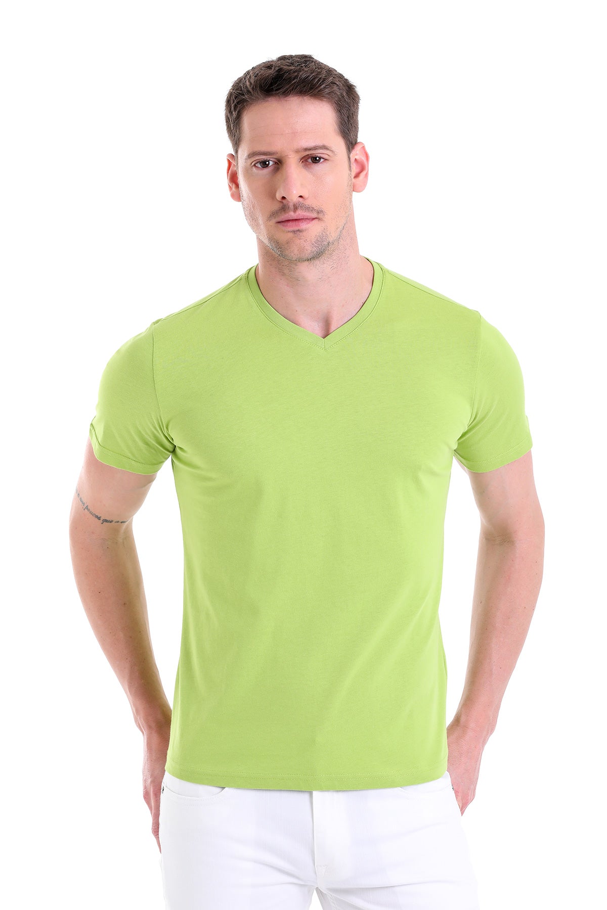 Slim Fit Basic Cotton Kiwi V-Neck T-Shirt - MIB