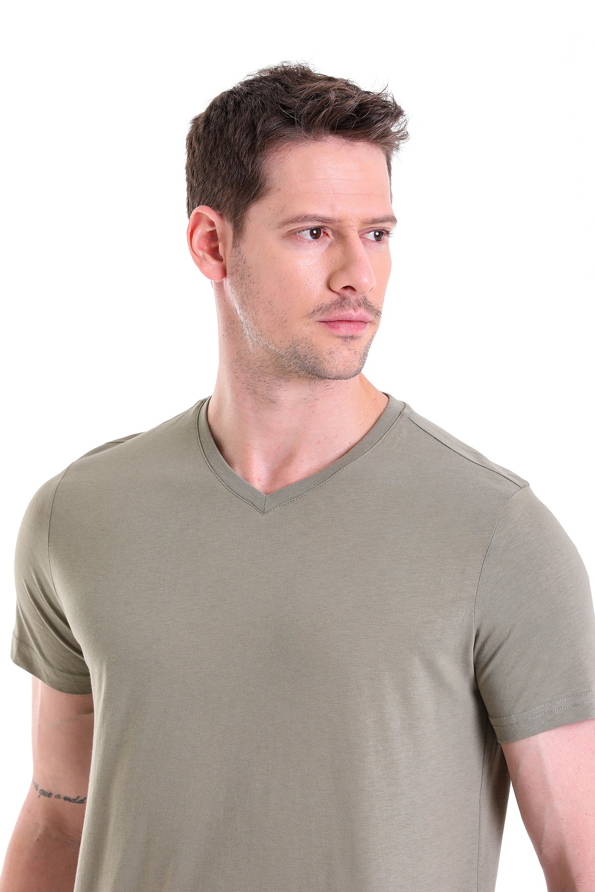 Slim Fit Basic Cotton Light Khaki V-Neck T-Shirt - MIB