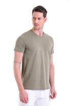 Slim Fit Basic Cotton Light Khaki V-Neck T-Shirt - MIB