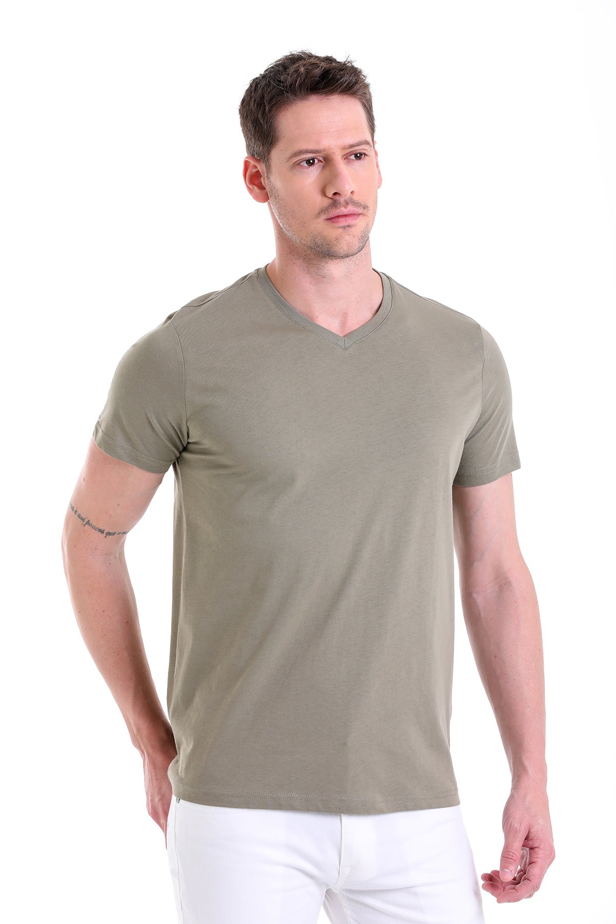 Slim Fit Basic Cotton Light Khaki V-Neck T-Shirt - MIB