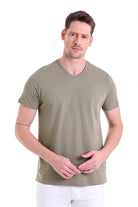 Slim Fit Basic Cotton Light Khaki V-Neck T-Shirt - MIB