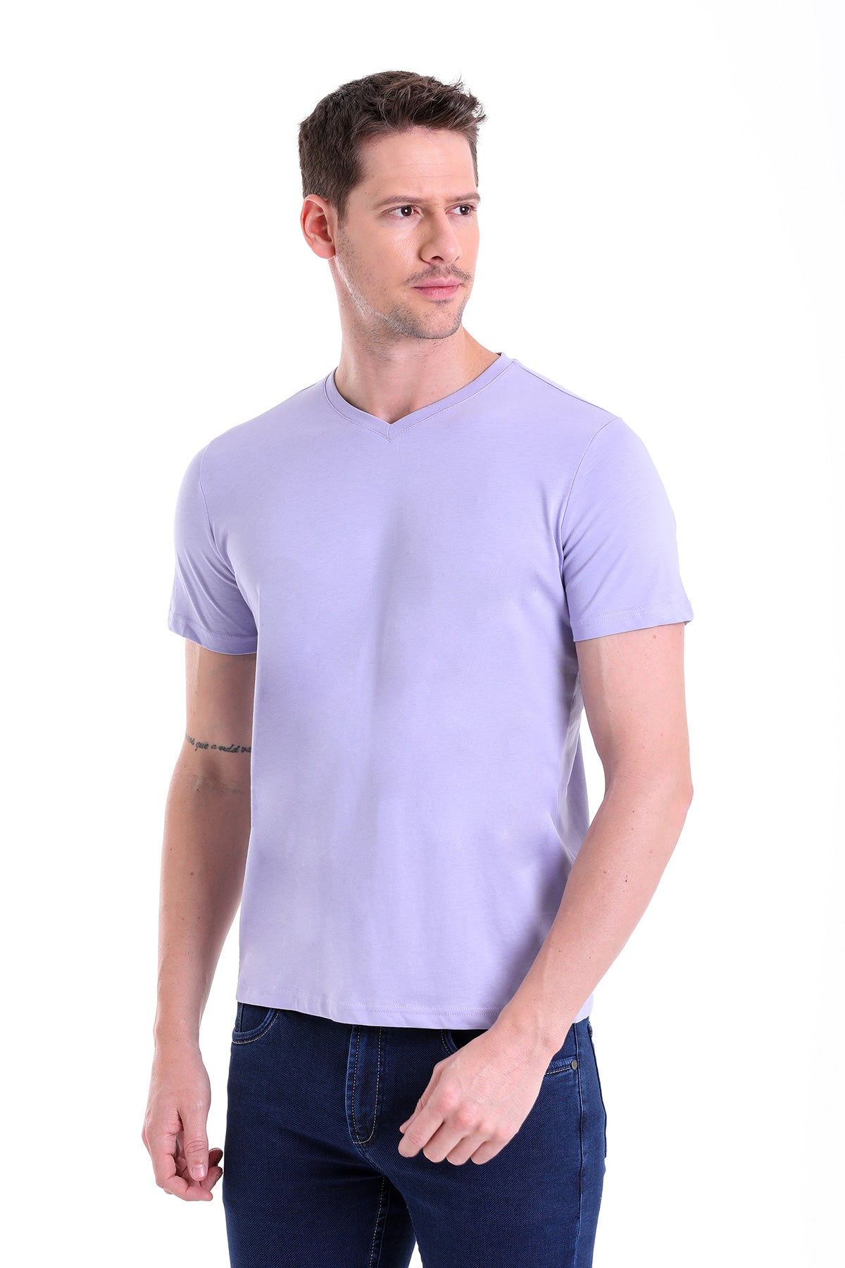 Slim Fit Basic Cotton Lilac V-Neck T-Shirt - MIB