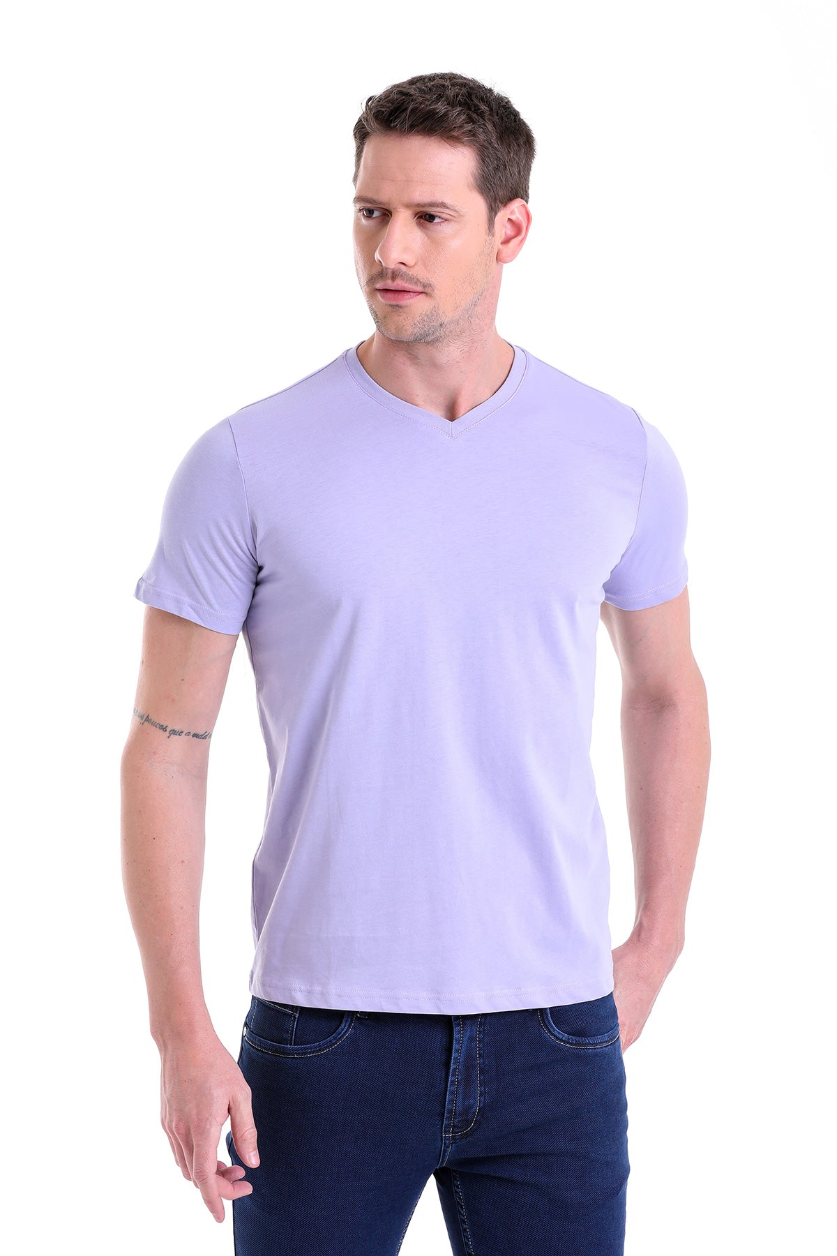 Slim Fit Basic Cotton Lilac V-Neck T-Shirt - MIB