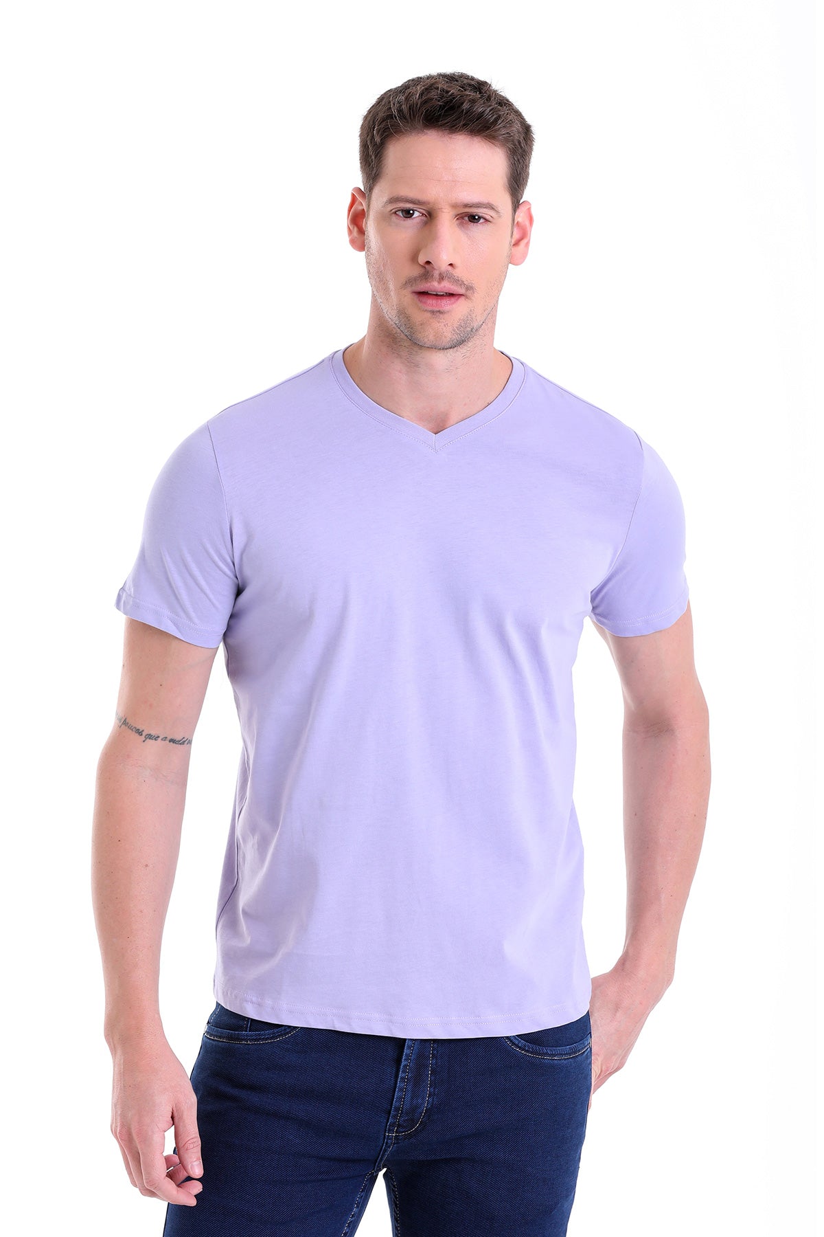 Slim Fit Basic Cotton Lilac V-Neck T-Shirt - MIB