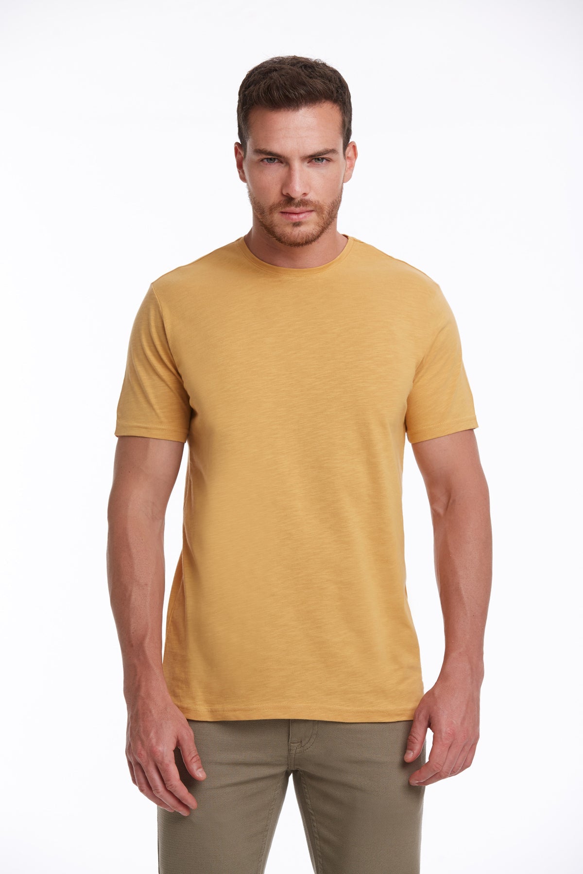 Slim Fit Basic Cotton Mustard Crew Neck T-Shirt - MIB