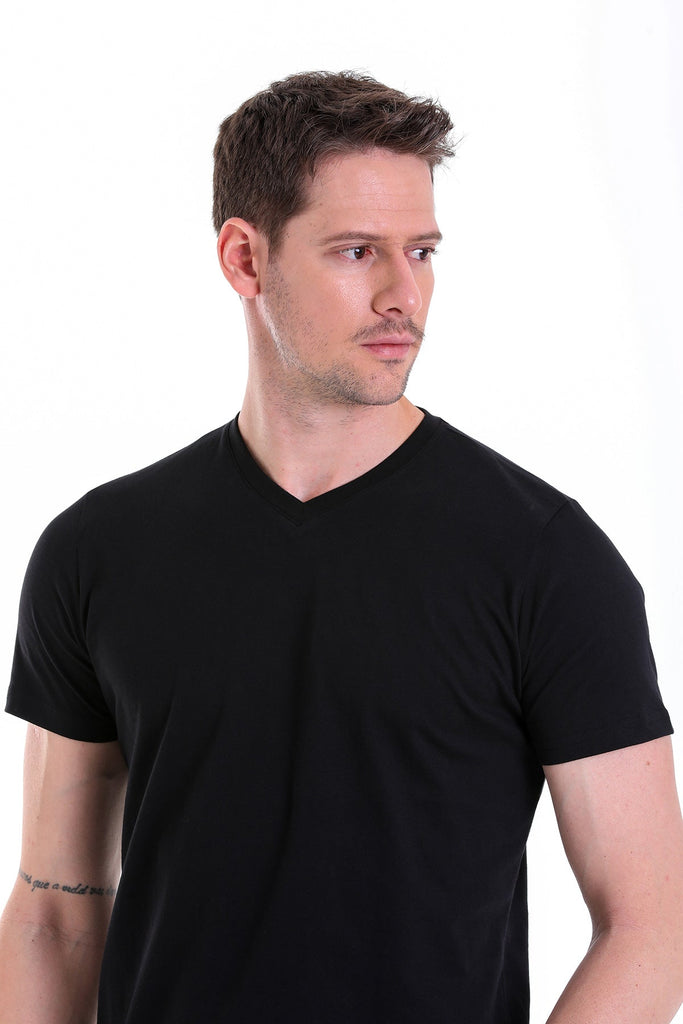 Slim Fit Basic Cotton V-Neck Tshirt Black - MIB