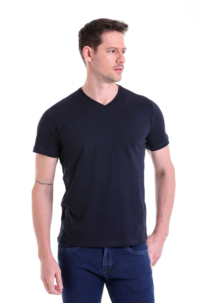 Slim Fit Basic Cotton V-Neck Tshirt Navy - MIB
