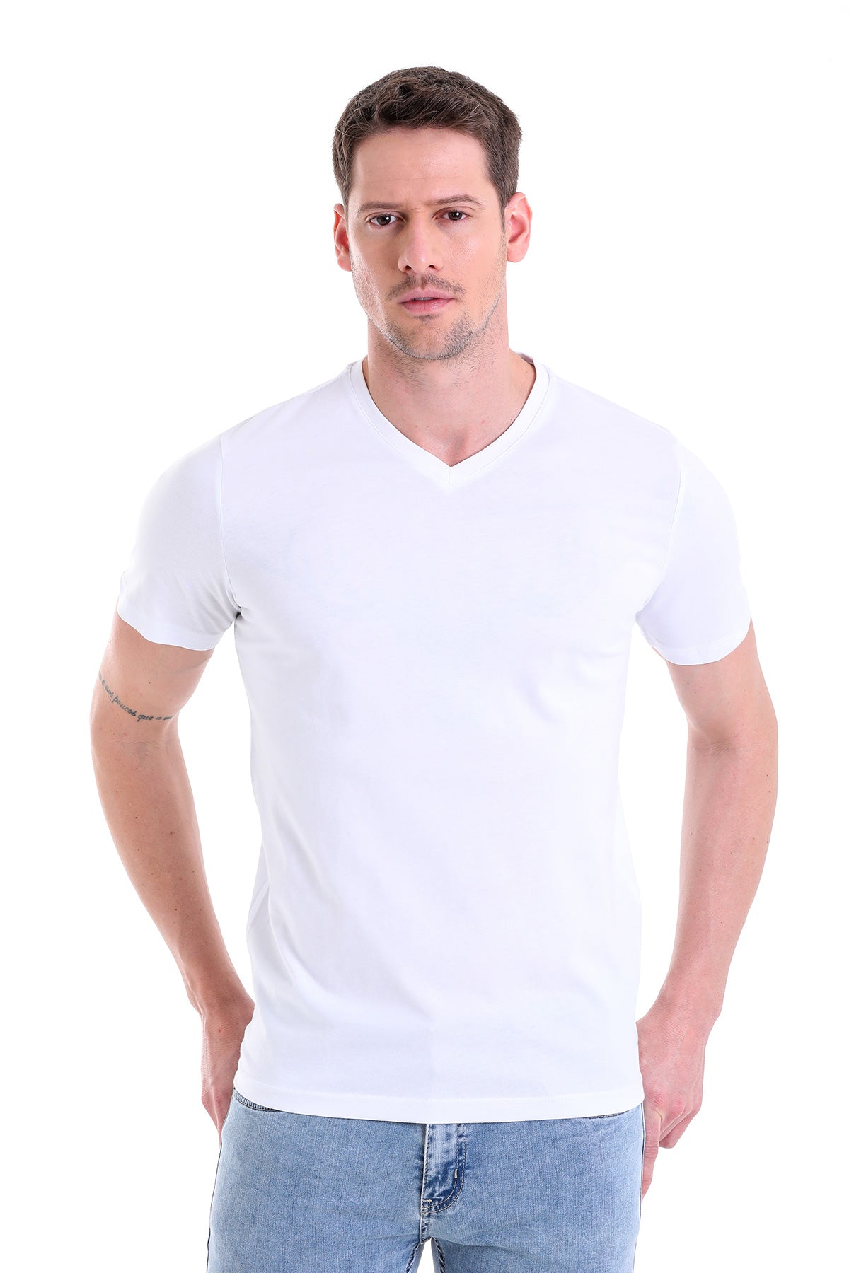 Slim Fit Basic Cotton White V-Neck T-Shirt - MIB