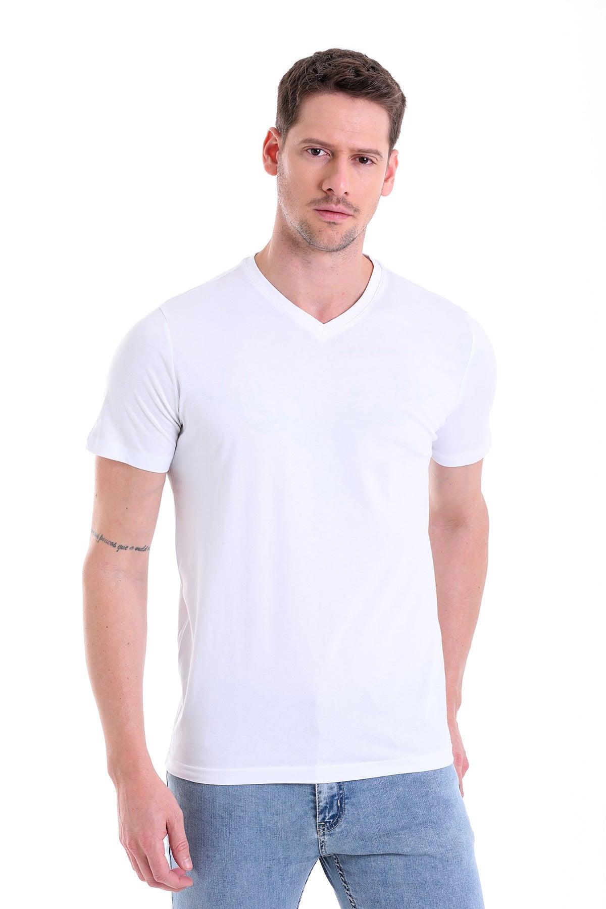 Slim Fit Basic Cotton White V-Neck T-Shirt - MIB