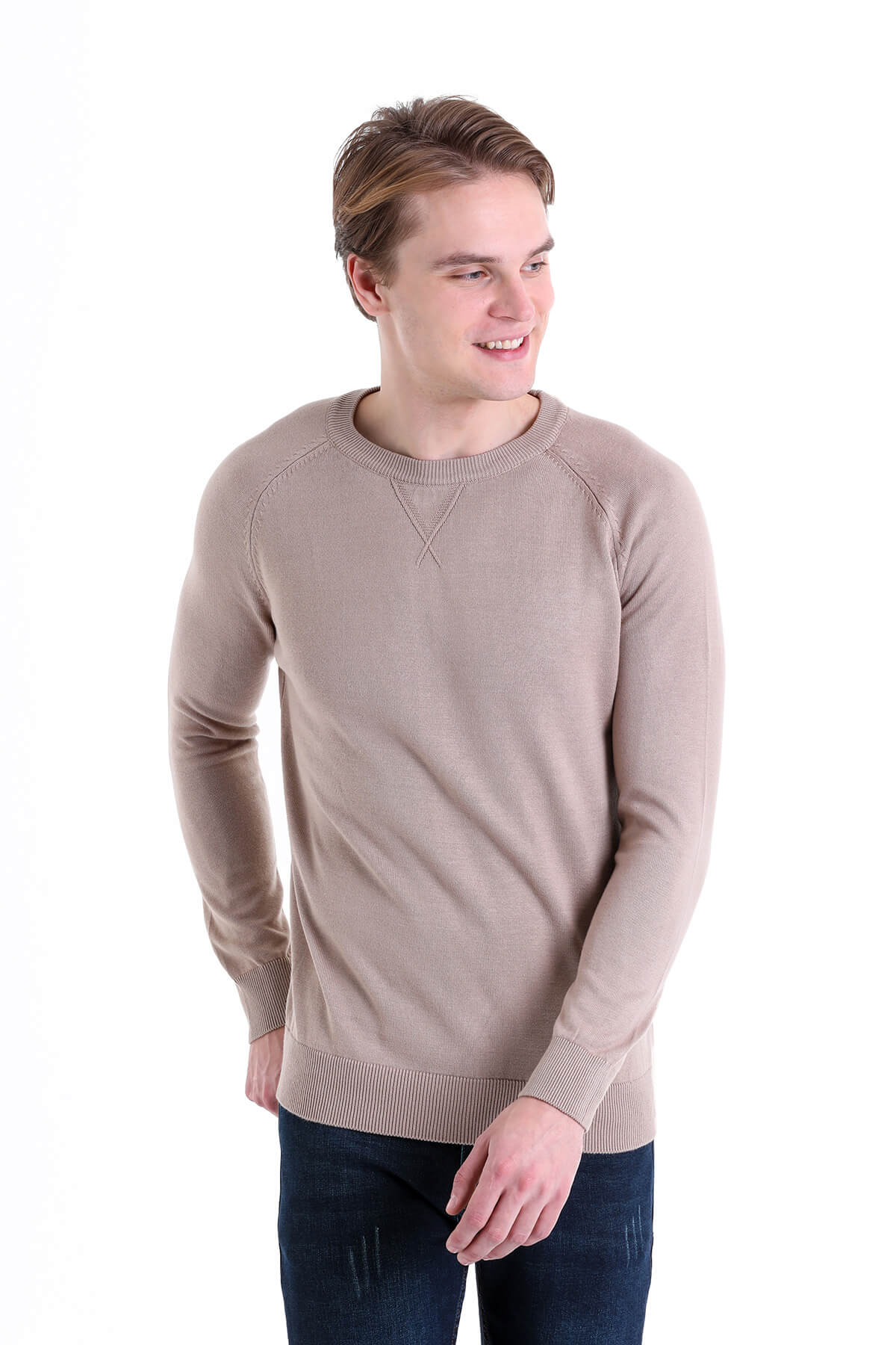 Slim Fit Beige Cotton Blend Crewneck Sweater - SAYKI