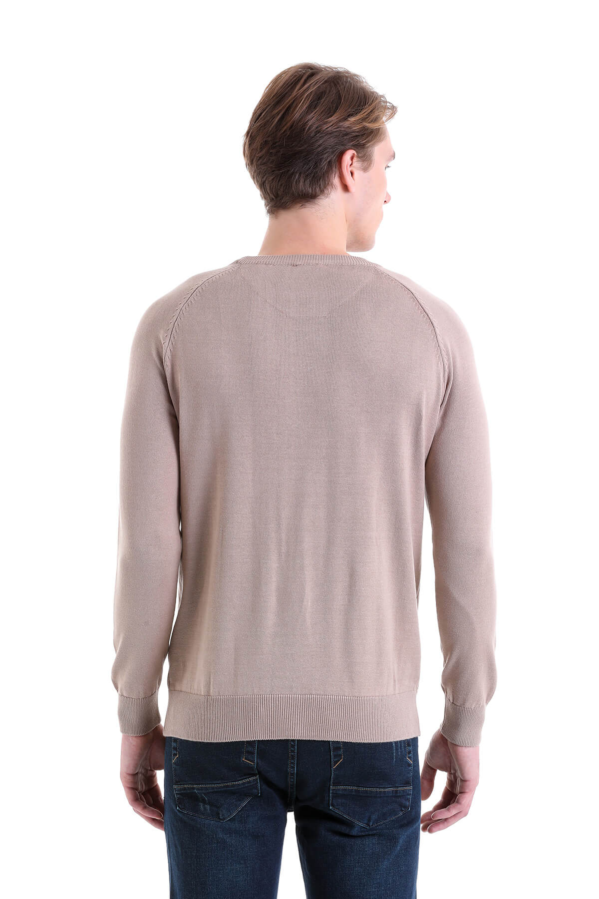 Slim Fit Beige Cotton Blend Crewneck Sweater - SAYKI