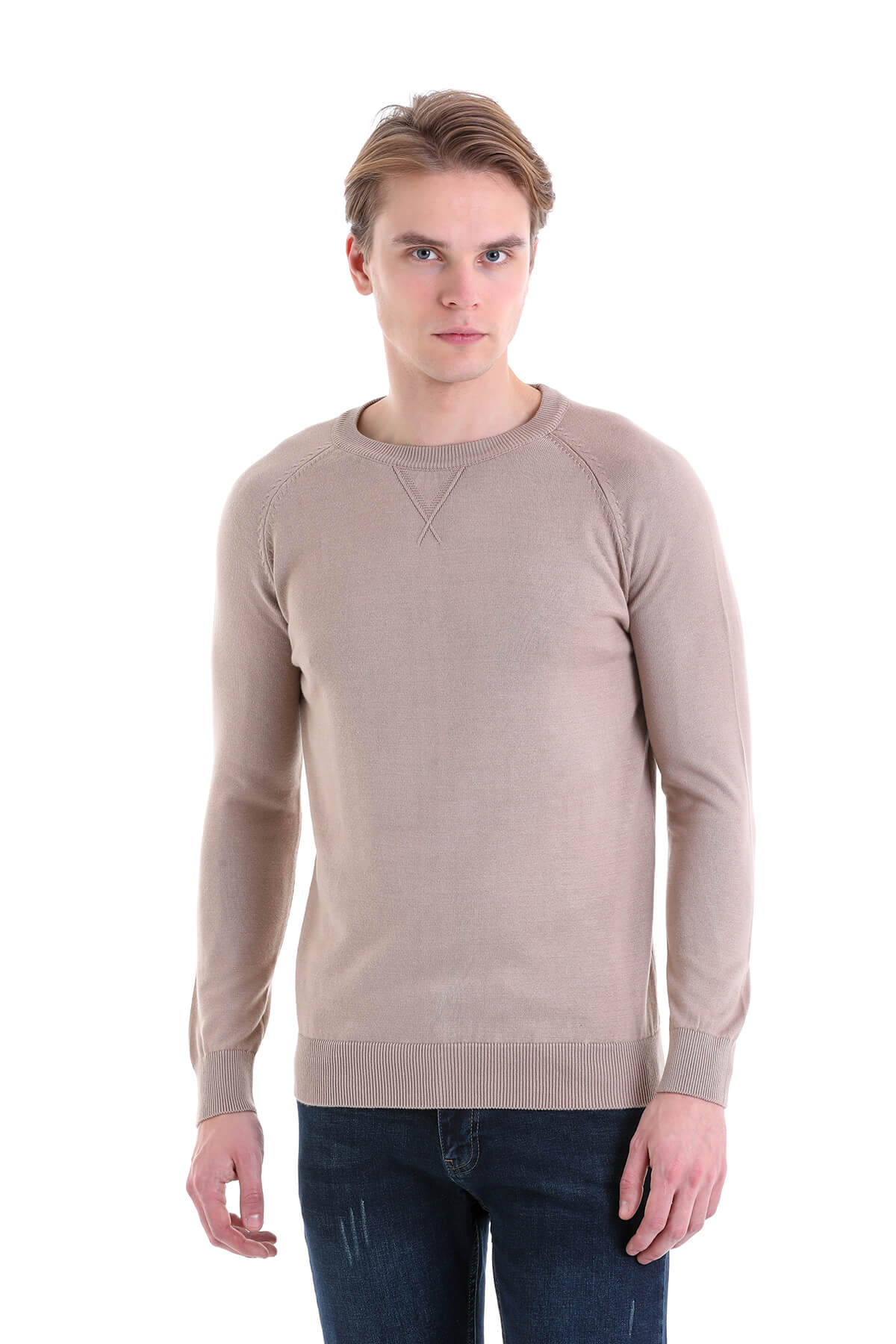 Slim Fit Beige Cotton Blend Crewneck Sweater - SAYKI