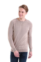 Slim Fit Beige Cotton Blend Crewneck Sweater - SAYKI