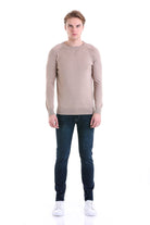 Slim Fit Beige Cotton Blend Crewneck Sweater - SAYKI