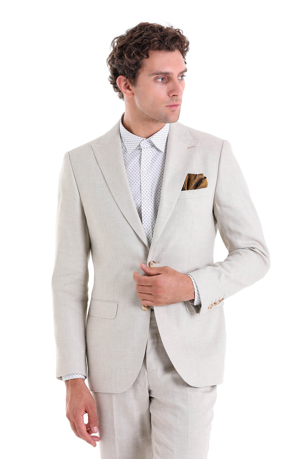 Slim Fit Beige Peak Lapel Linen Casual Suit - MIB