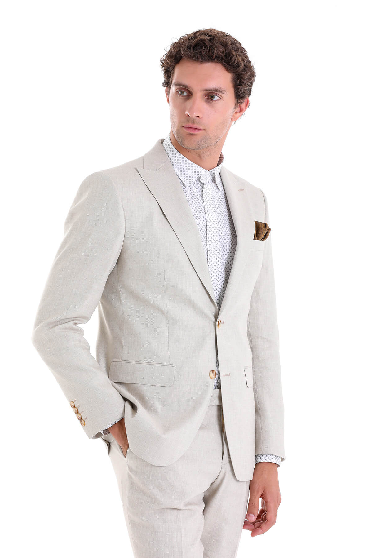 Slim Fit Beige Peak Lapel Linen Casual Suit - MIB