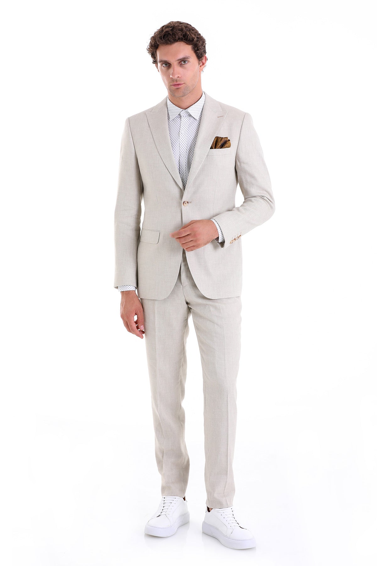 Slim Fit Beige Peak Lapel Linen Casual Suit - MIB