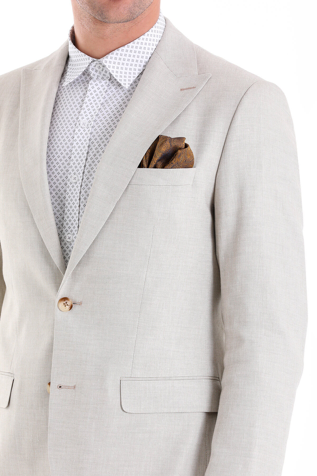 Slim Fit Beige Peak Lapel Linen Casual Suit - MIB