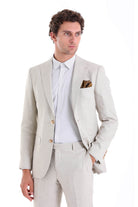 Slim Fit Beige Peak Lapel Linen Casual Suit - MIB