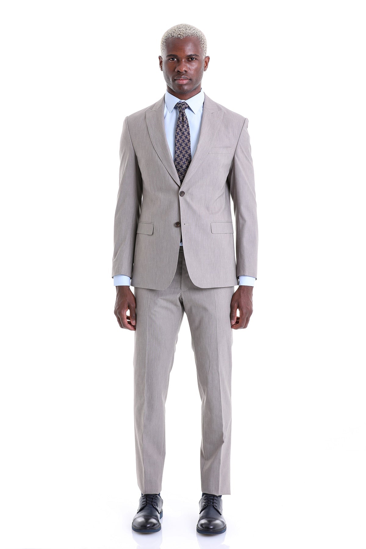 Slim Fit Beige Peak Lapel Wool Blend Classic Suit - MIB