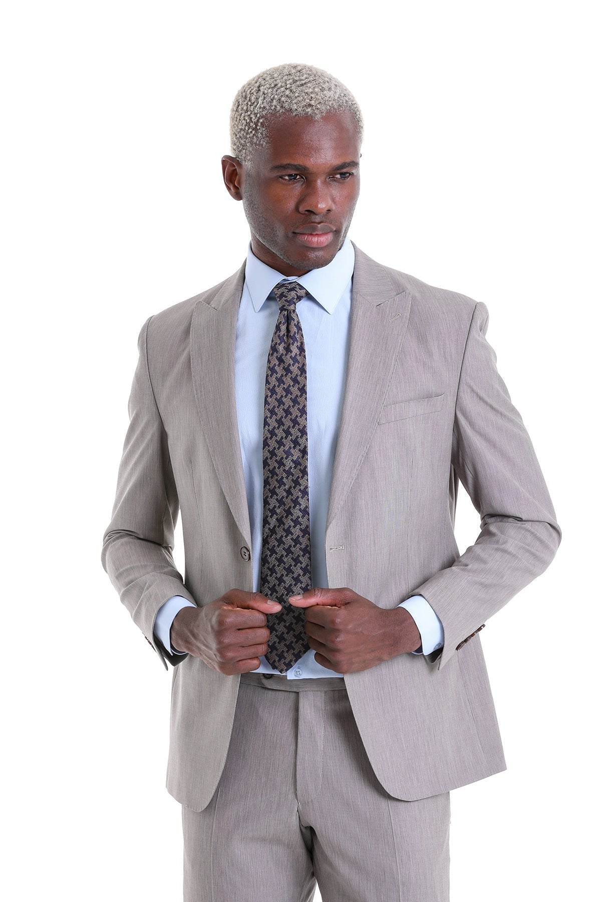 Slim Fit Beige Peak Lapel Wool Blend Classic Suit - MIB