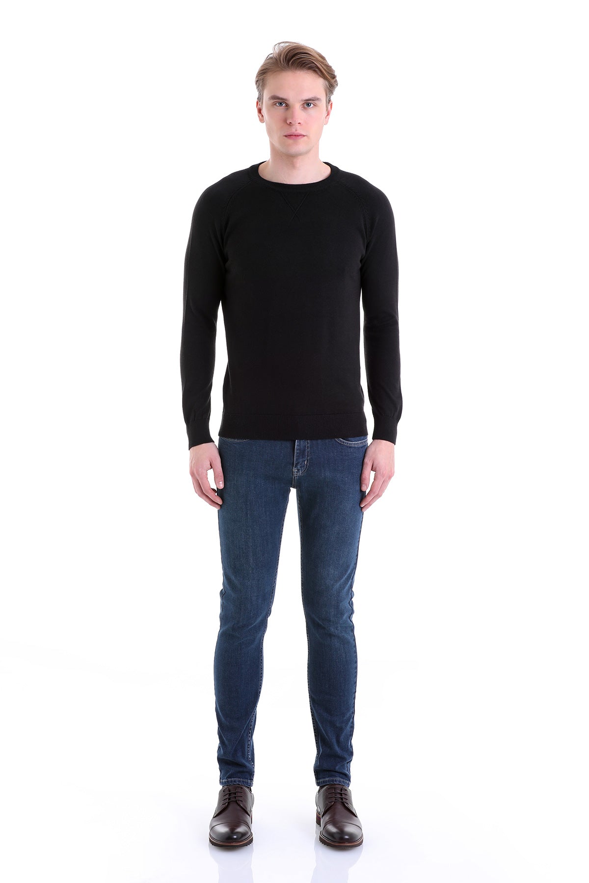 Slim Fit Black Cotton Blend Crewneck Sweater - SAYKI