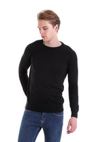 Slim Fit Black Cotton Blend Crewneck Sweater - SAYKI