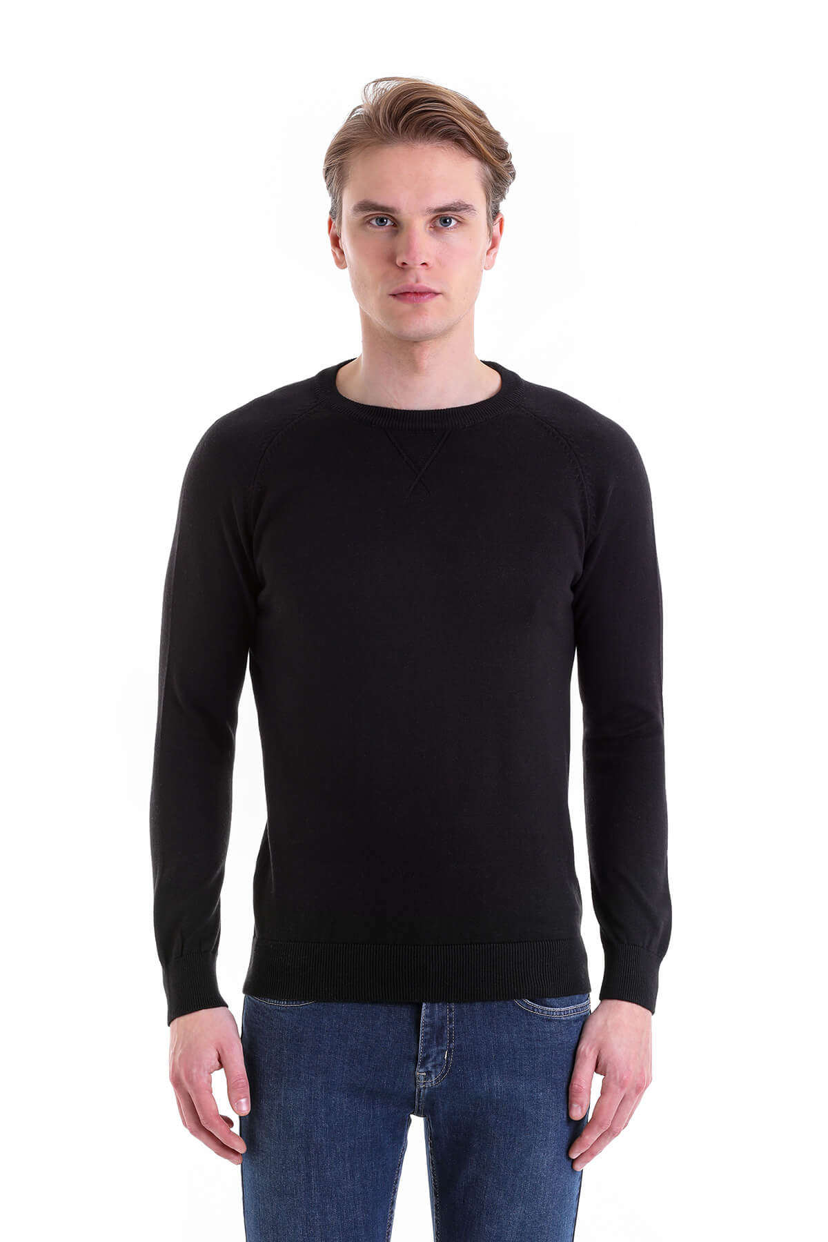 Slim Fit Black Cotton Blend Crewneck Sweater - SAYKI