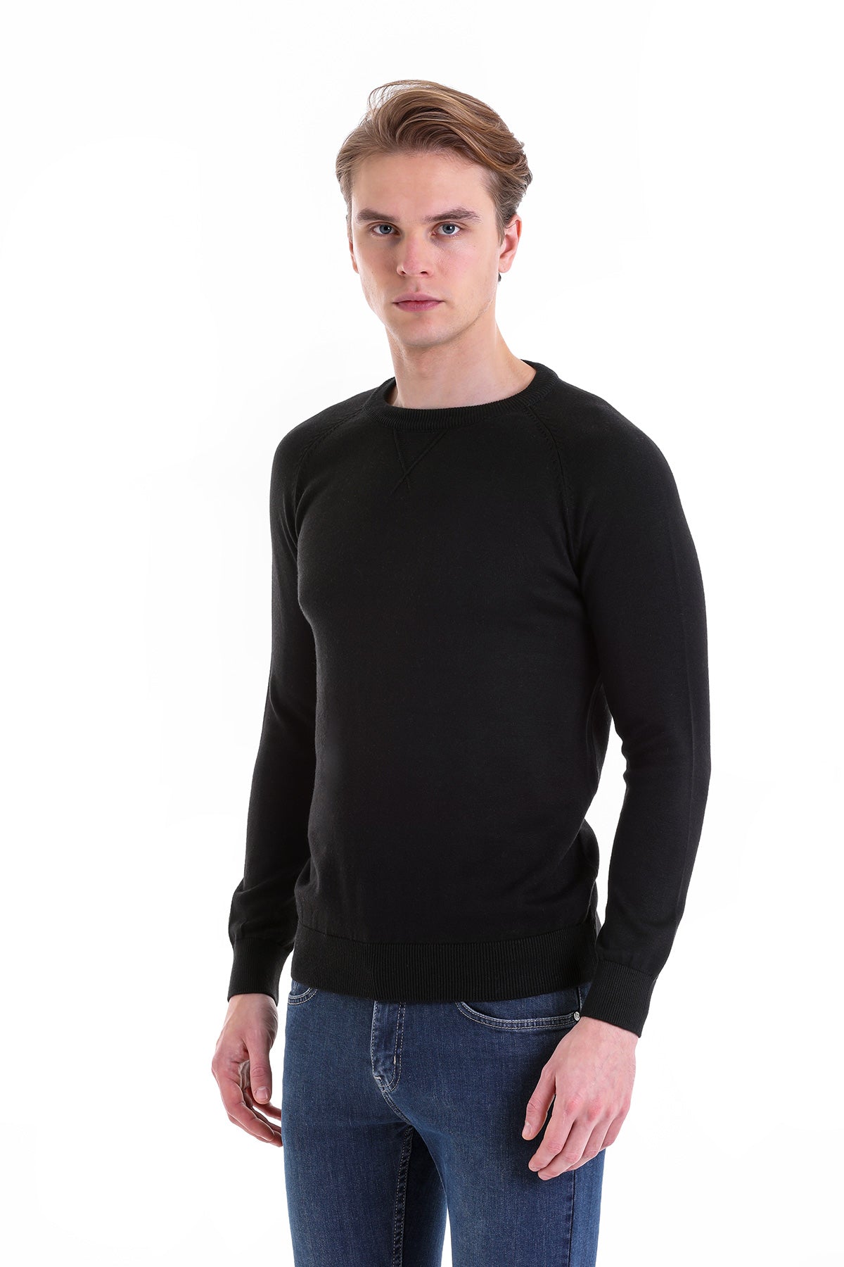 Slim Fit Black Cotton Blend Crewneck Sweater - SAYKI